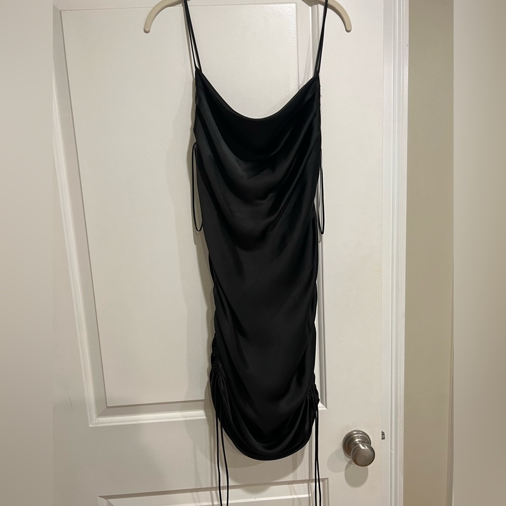 Zara black saying mini dress with ties